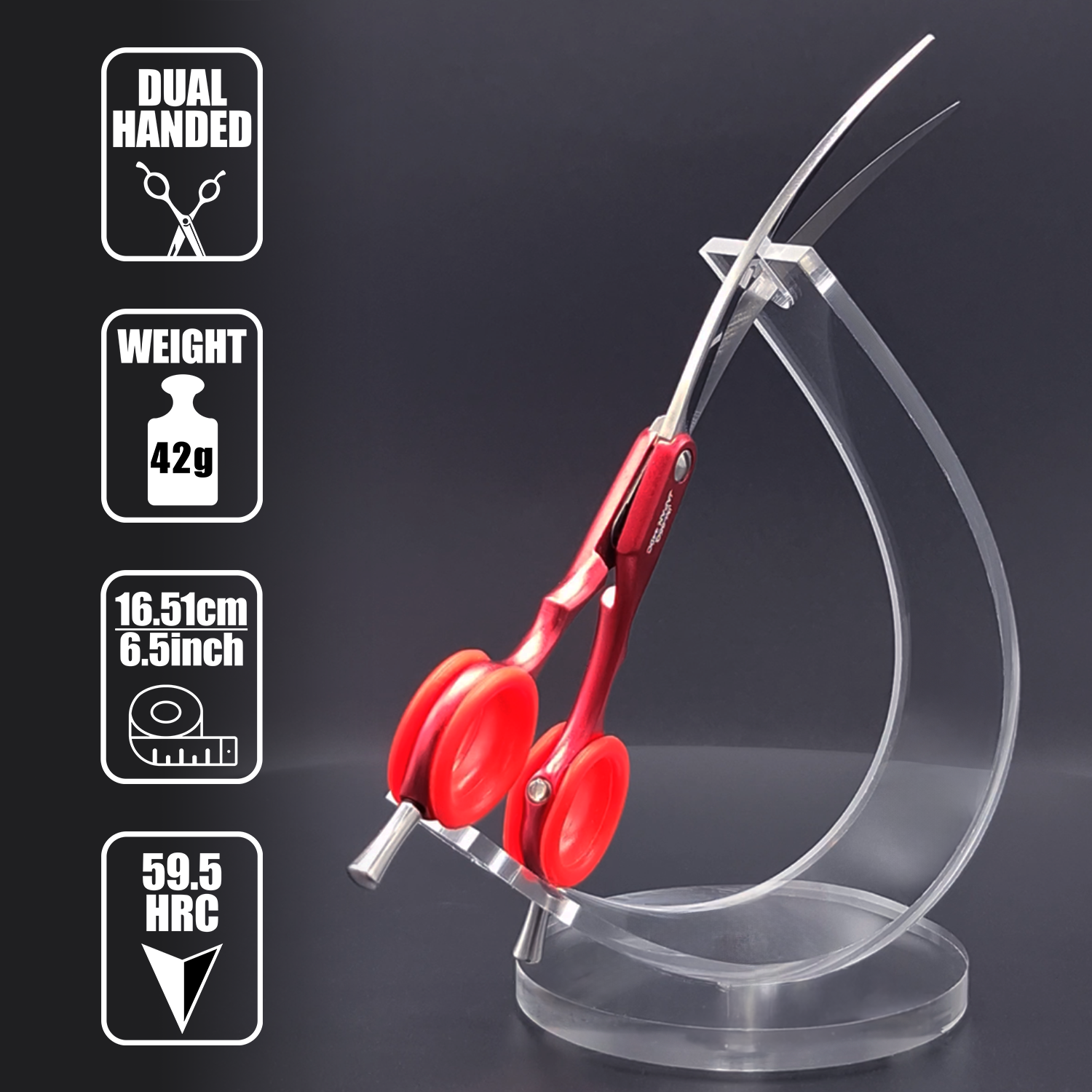 Lightweight red curved dog grooming scissor designed for both left and right-handed